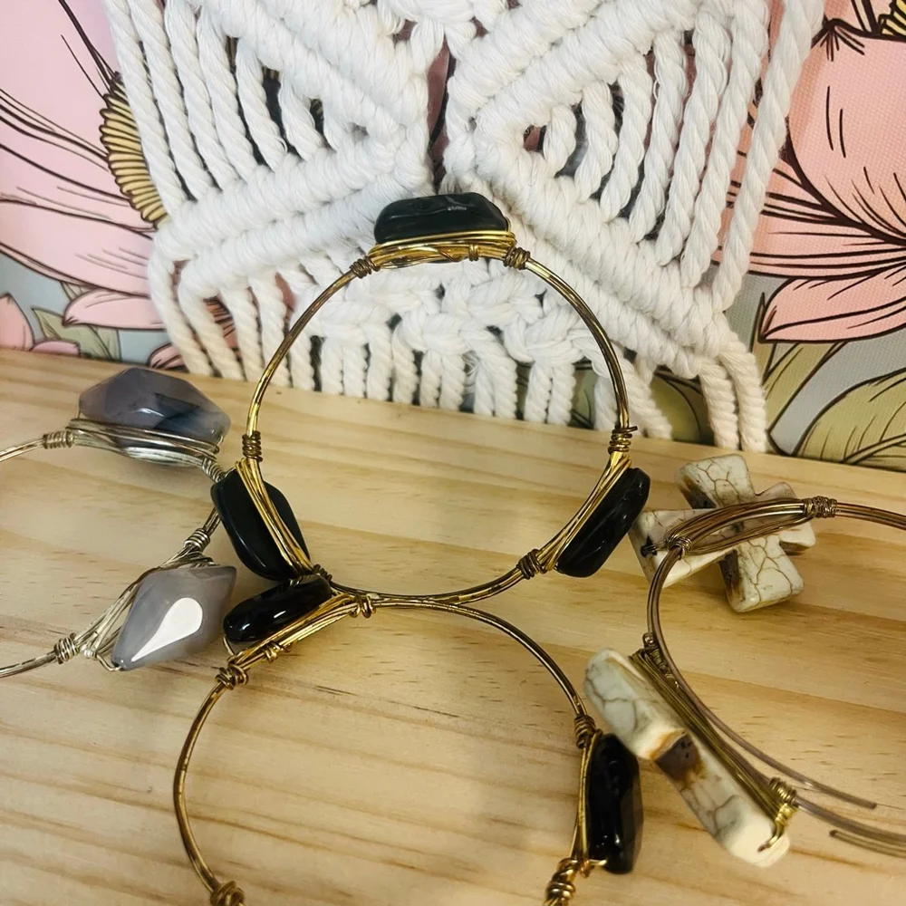 Stone Wire Wrapped Bangle Bracelet‎ Set Boho Bohemian Stacking